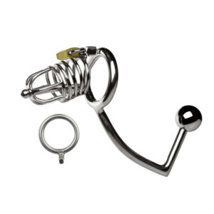 Metal chastity cage with anal plug