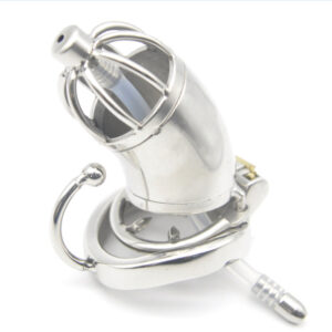 Metal chastity cage with catheter and anti-release ring