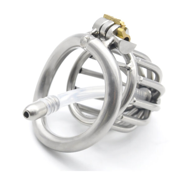 Male metal chastity cage with urinary catheter