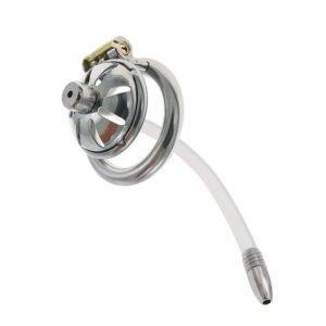 METAL CHASTITY CAGE MALE OPENWORK DOMED WITH CATHETER