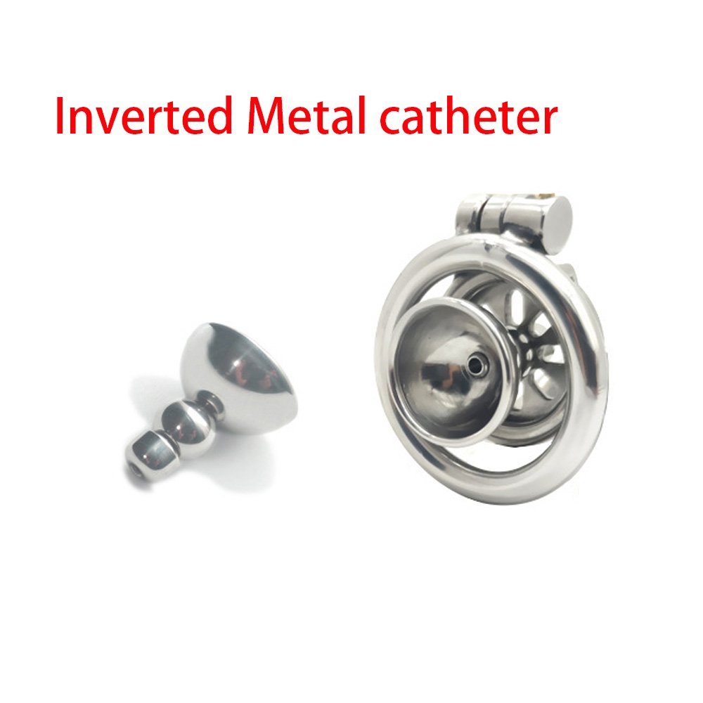 Flat Metal Chastity Cage with Curved Ring and Urethral Device