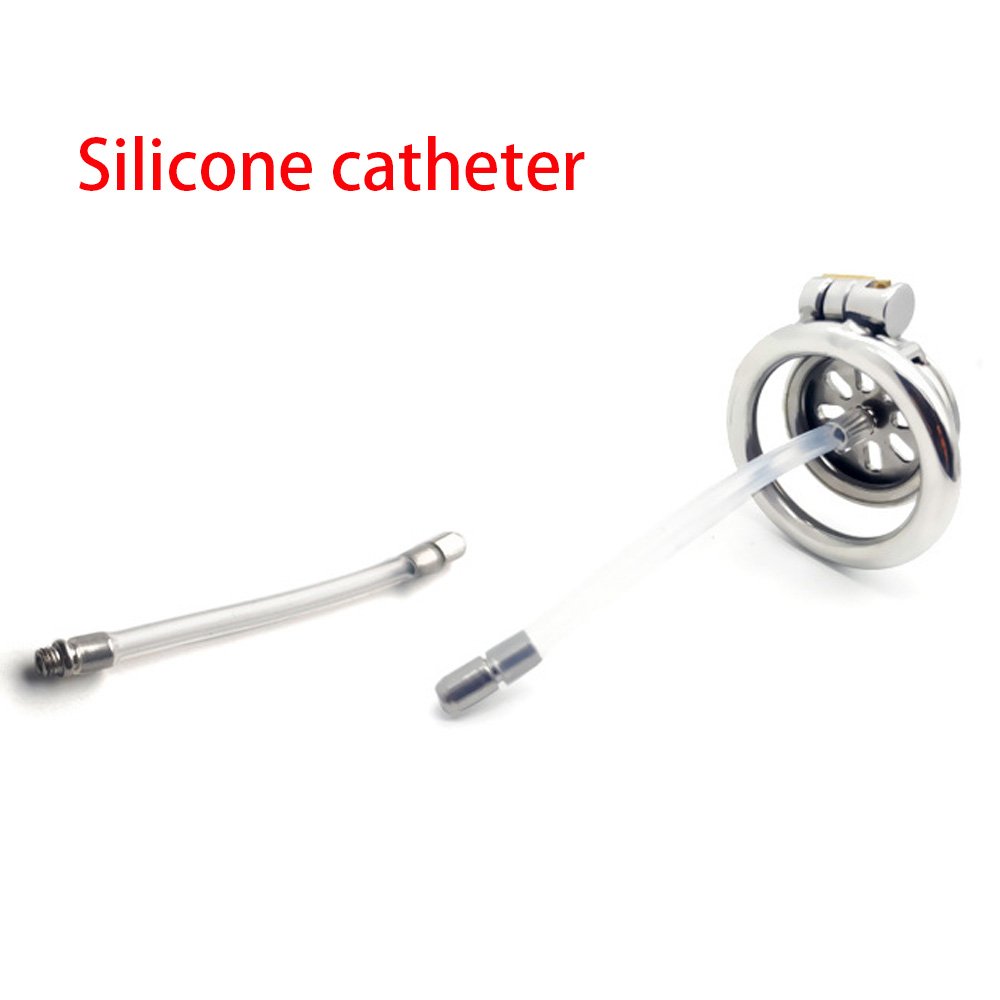 Flat Metal Chastity Cage with Curved Ring and Urethral Device