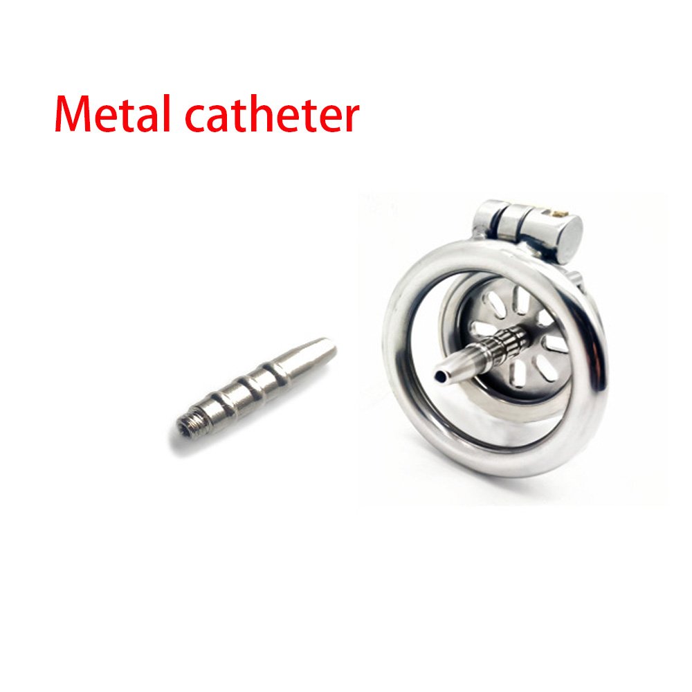 Flat Metal Chastity Cage with Curved Ring and Urethral Device