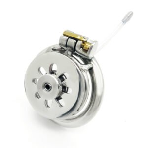 Flat Metal Chastity Cage with Curved Ring and Urethral Device