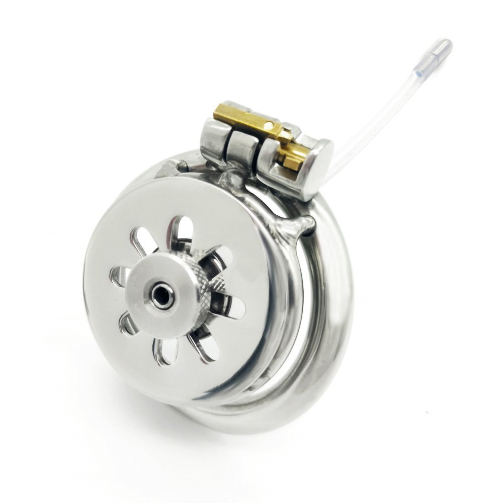 Flat Metal Chastity Cage with Curved Ring and Urethral Device